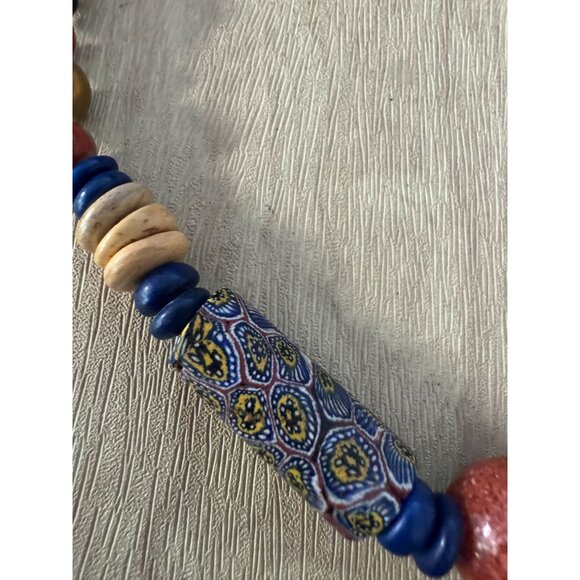 Vintage Murano Venetian Millefiori Beaded Necklace With Red & Blue Accents 16" - Picture 4 of 9